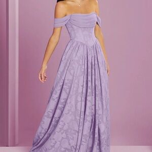 Azazie lilac off the shoulder floral gown